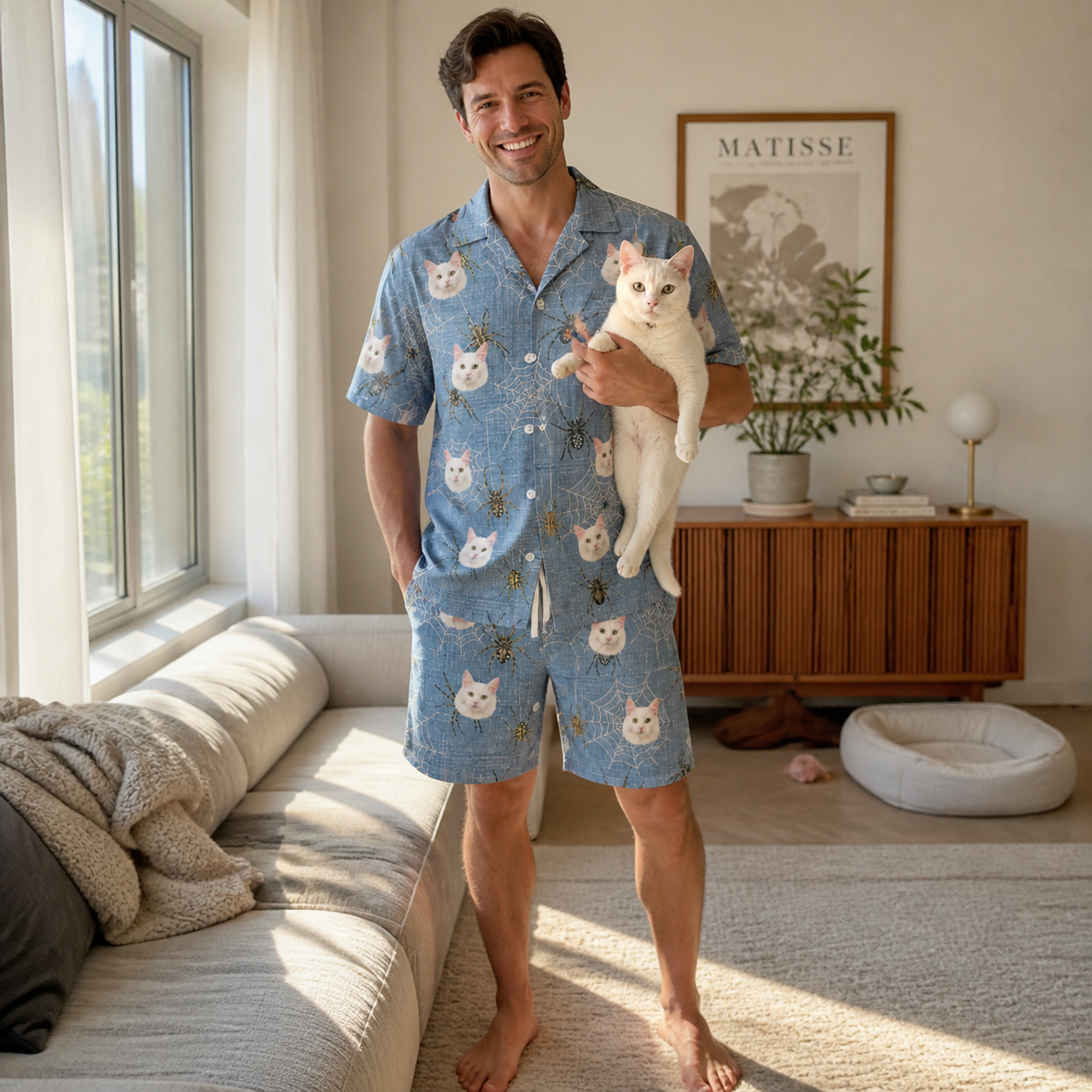 Full-length photo with the pet printed all over this Men's Scuttle Sideshow Custom Cat Face Shirt & Shorts Set