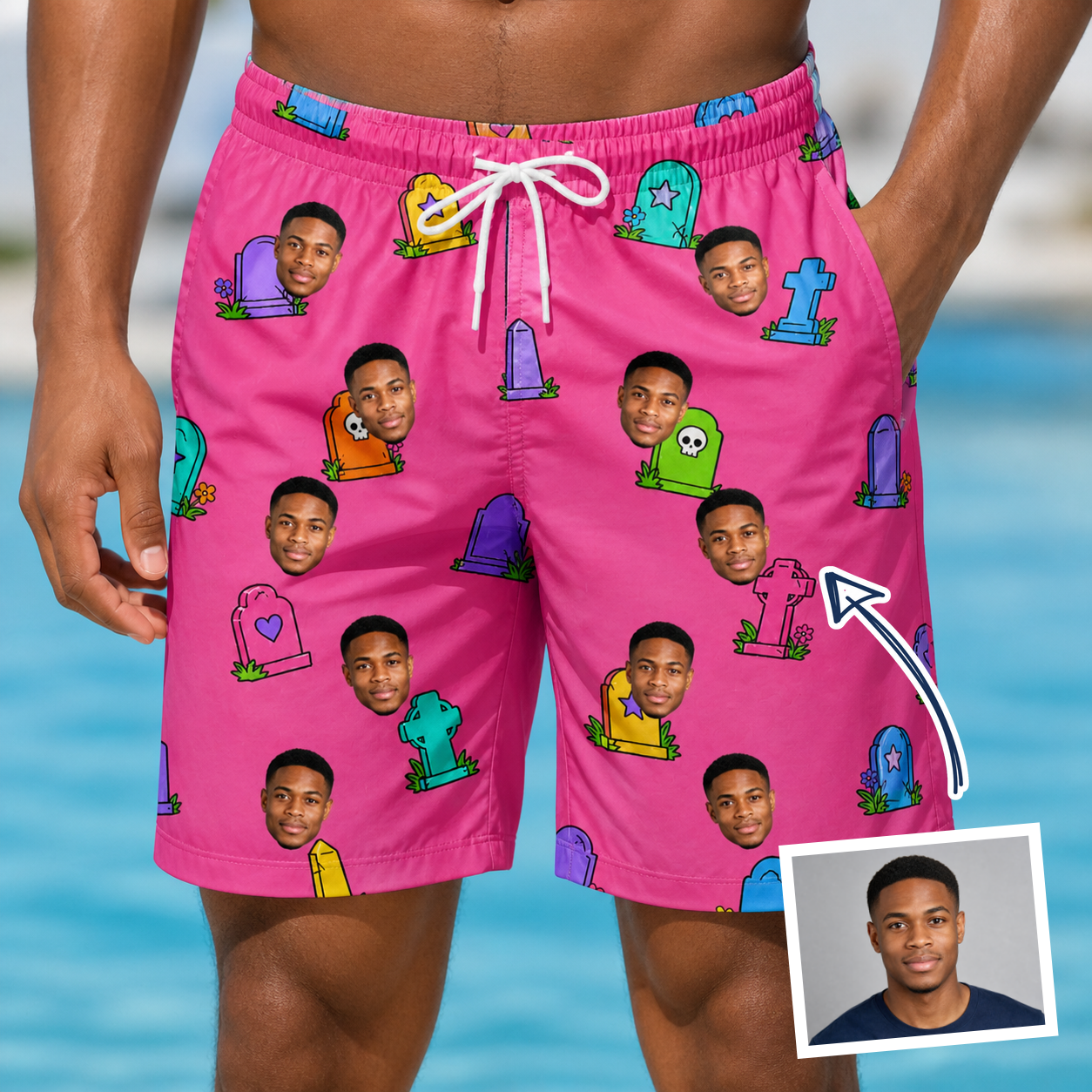 Man wearing Men's Slab Snickers Custom Face Beach Shorts — custom faces printed all-over
