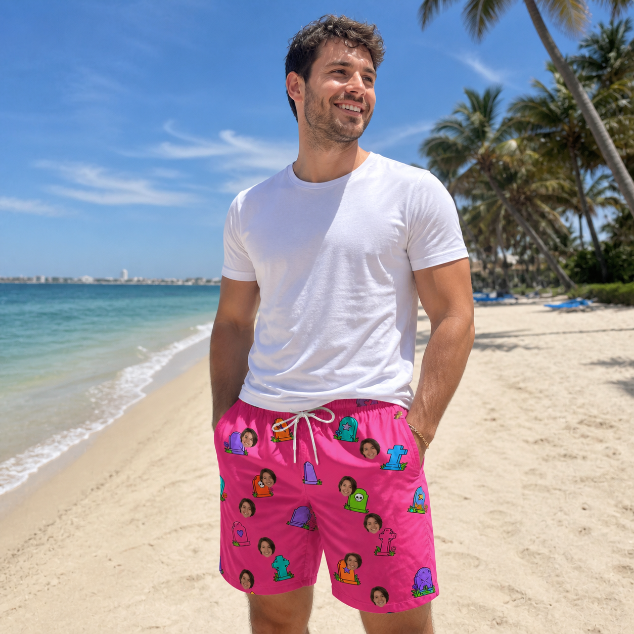 Real-life photo of someone wearing Men's Slab Snickers Custom Face Beach Shorts — custom faces printed all-over