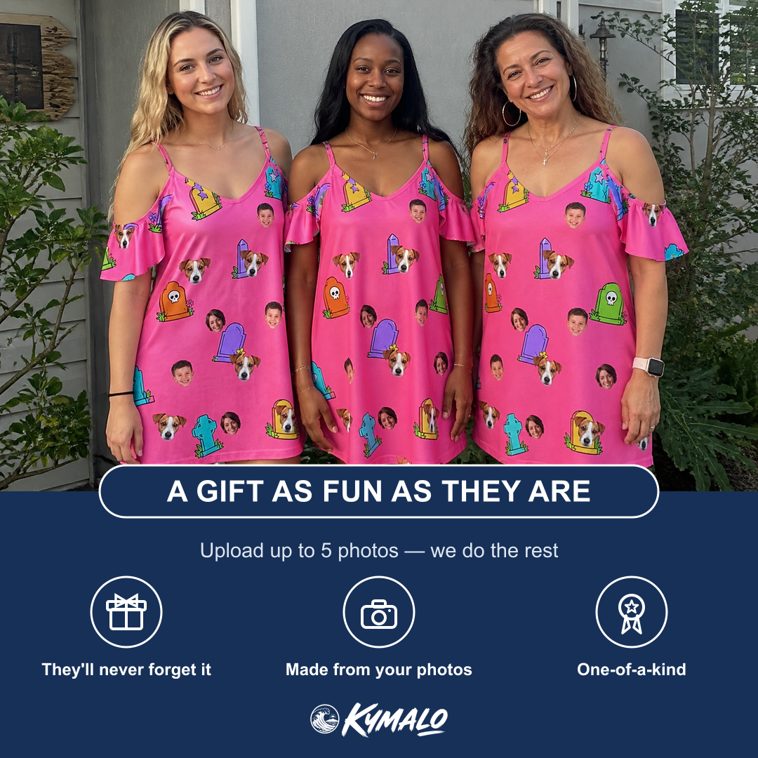 Friends in matching Women's Slab Snickers Custom Face Off-Shoulder Dress — a group gift photo