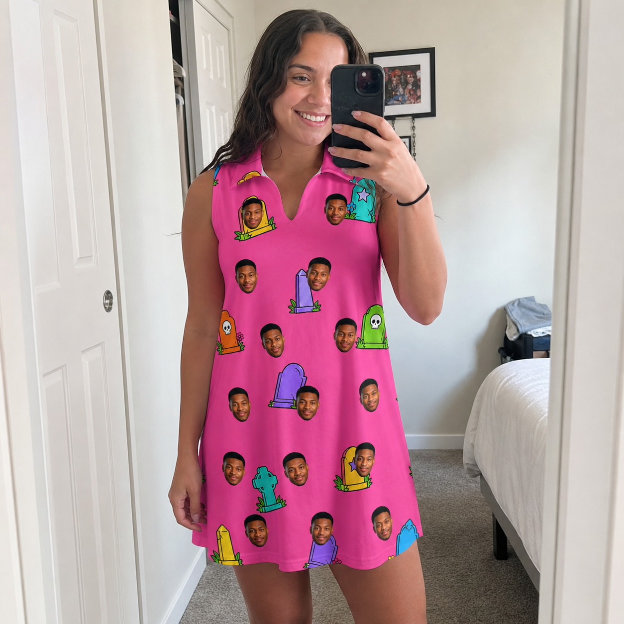 Real-life photo of someone wearing Women's Slab Snickers Custom Face V-Neck Dress — custom faces printed all-over