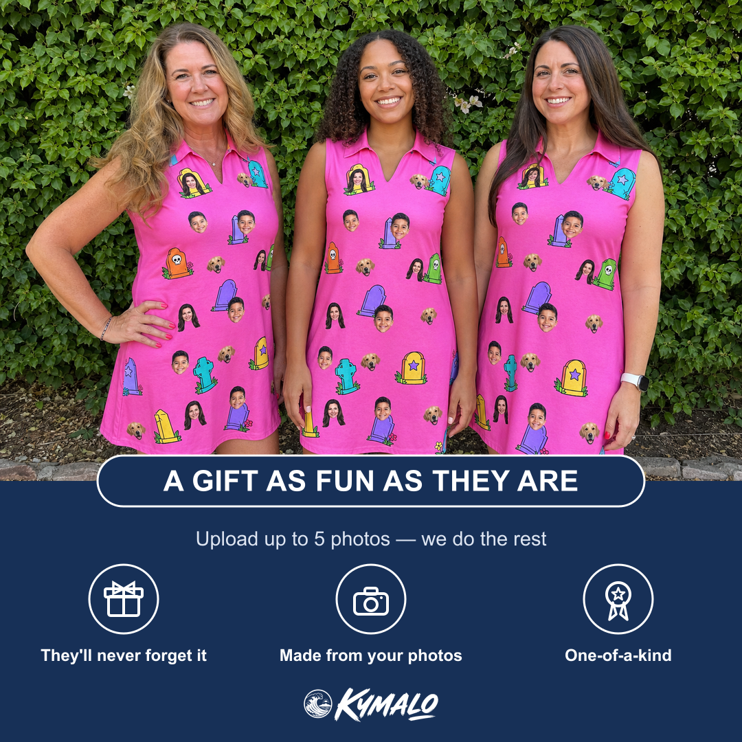 Friends in matching Women's Slab Snickers Custom Face V-Neck Dress — a group gift photo
