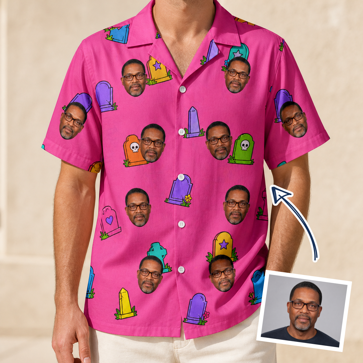 Man wearing Men's Slab Snickers Custom Face Hawaiian Shirt — custom faces printed all-over