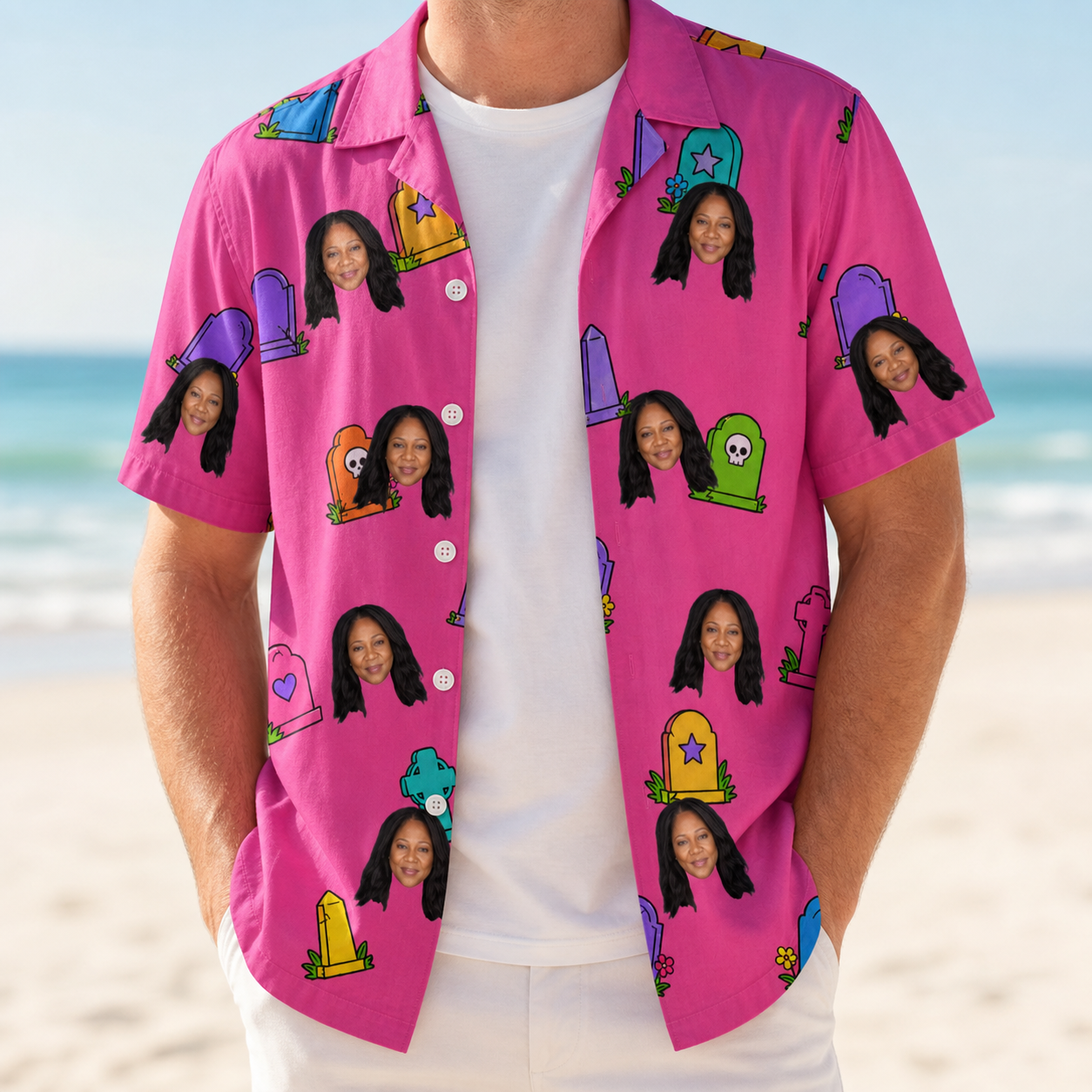 Man wearing Men's Slab Snickers Custom Face Hawaiian Shirt open over a white tee
