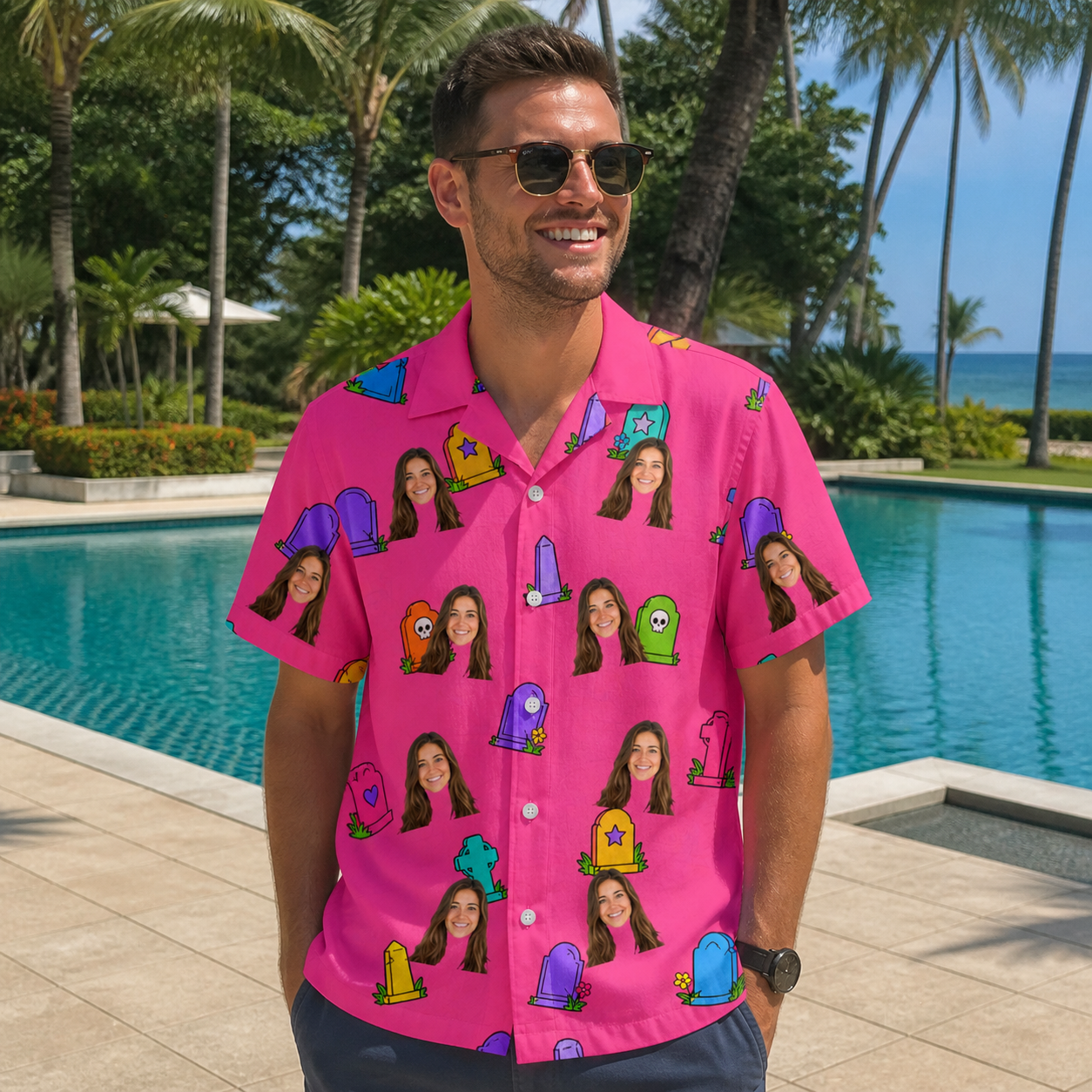 Real-life photo of someone wearing Men's Slab Snickers Custom Face Hawaiian Shirt — custom faces printed all-over