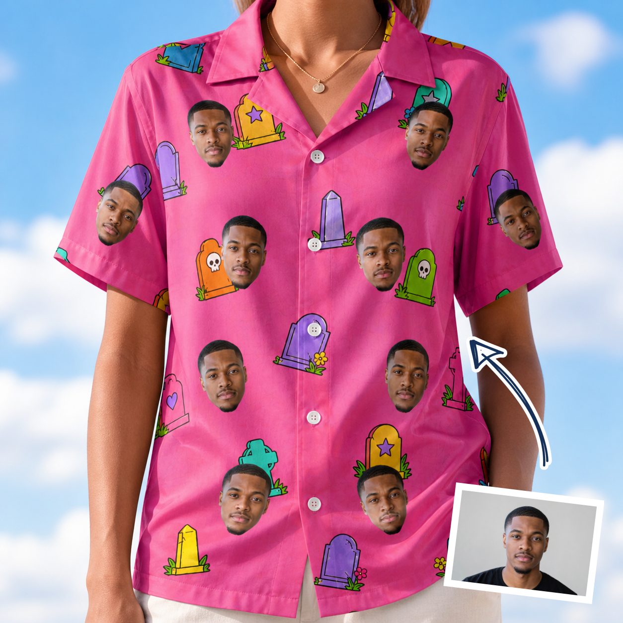 Woman wearing Women's Slab Snickers Custom Face Hawaiian Shirt — custom faces printed all-over