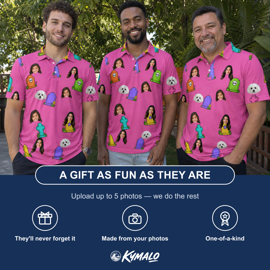 Friends in matching Men's Slab Snickers Custom Face Polo Shirt — a group gift photo