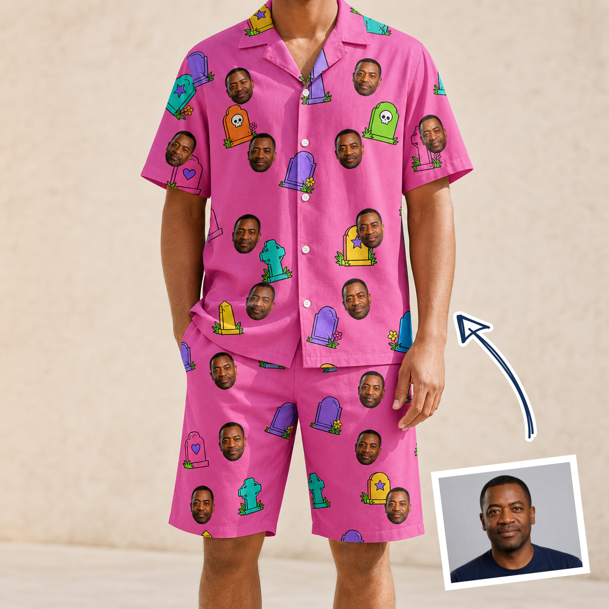 Man wearing Men's Slab Snickers Custom Face Shirt & Shorts Set — custom faces printed all-over