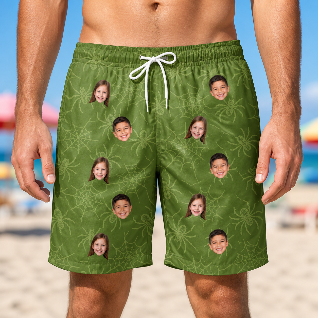 Model wearing Men's Chitin Chicanery Custom Face Beach Shorts printed with kids' faces