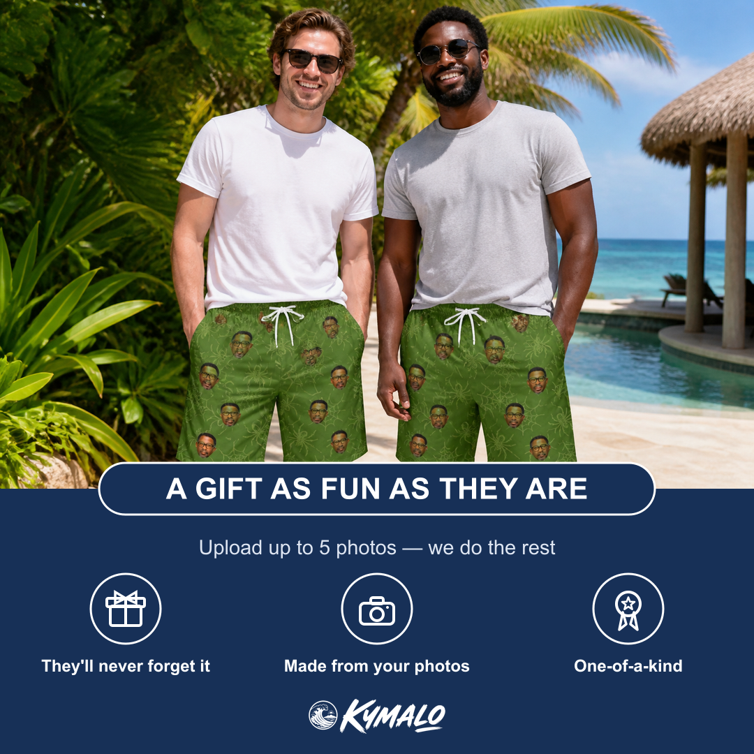 Friends in matching Men's Chitin Chicanery Custom Face Beach Shorts — a group gift photo