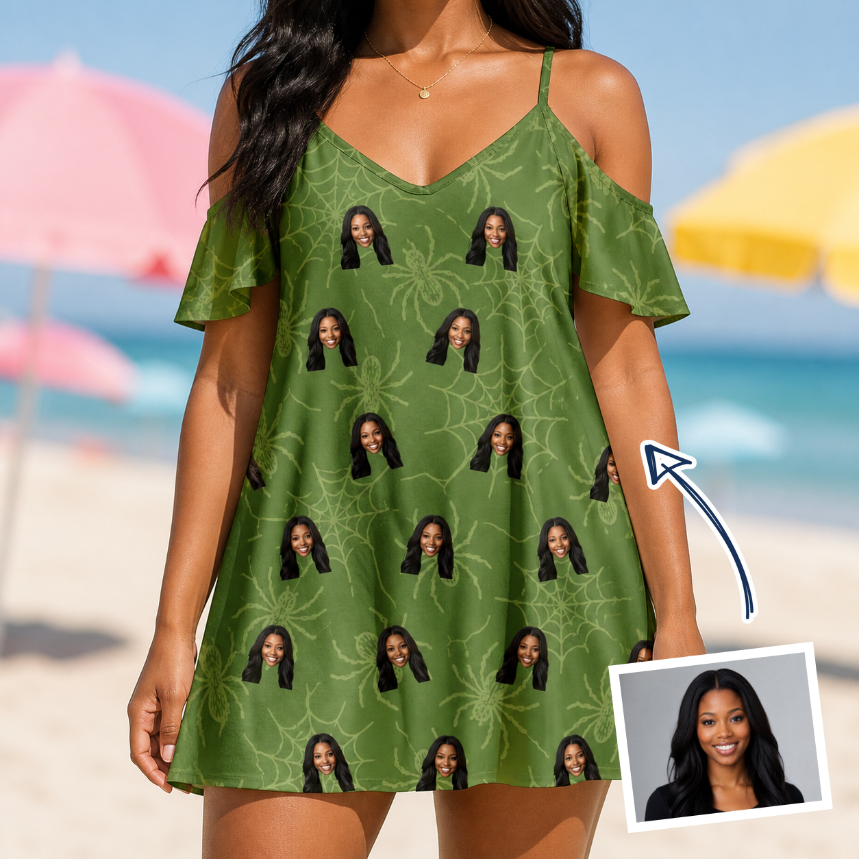 Woman wearing Women's Chitin Chicanery Custom Face Off-Shoulder Dress — custom faces printed all-over