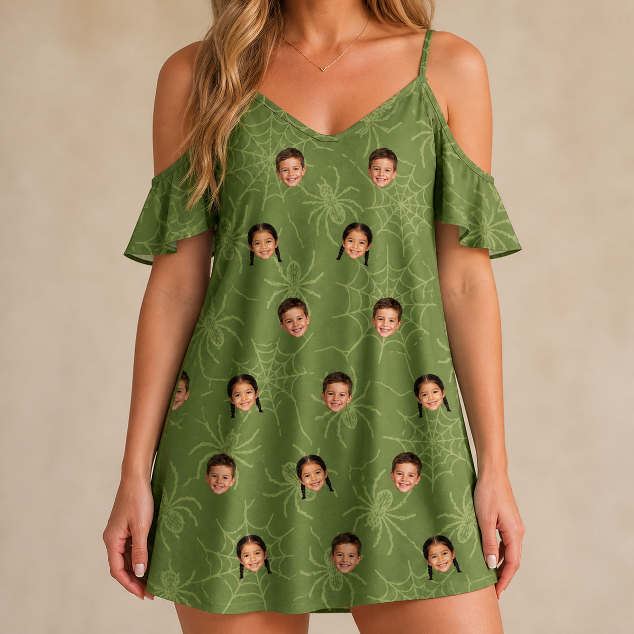 Model wearing Women's Chitin Chicanery Custom Face Off-Shoulder Dress printed with kids' faces
