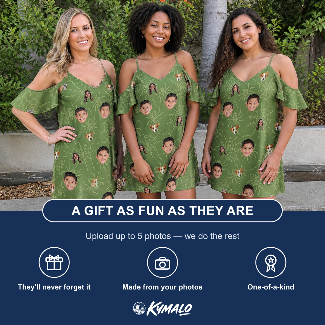 Friends in matching Women's Chitin Chicanery Custom Face Off-Shoulder Dress — a group gift photo