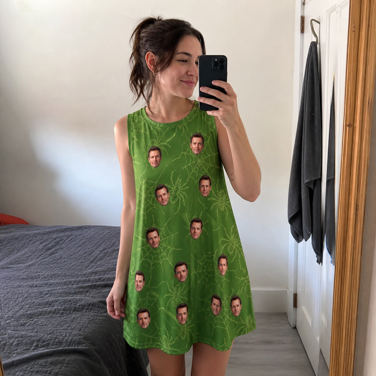Real-life photo of someone wearing Women's Chitin Chicanery Custom Face Tank Dress — custom faces printed all-over