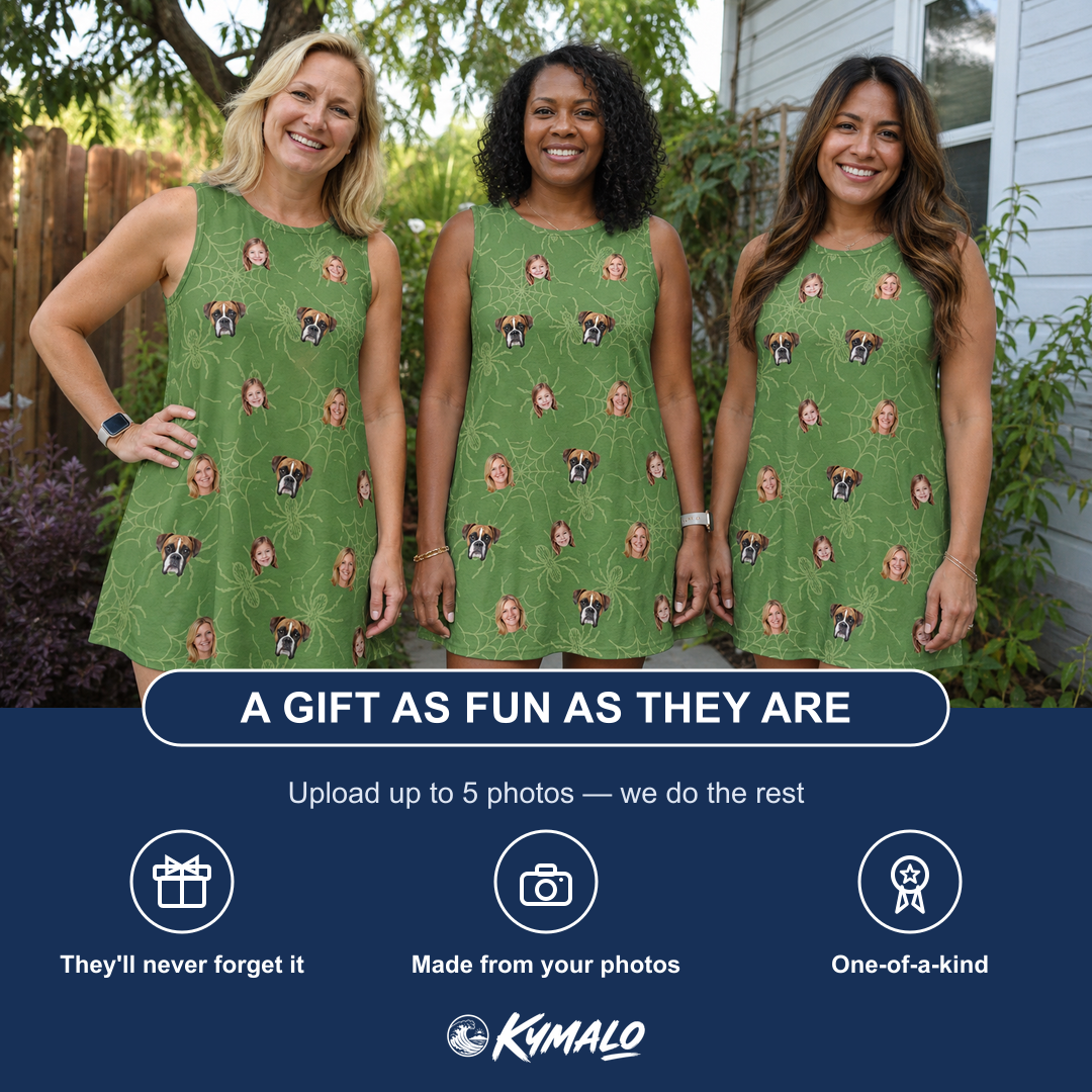 Friends in matching Women's Chitin Chicanery Custom Face Tank Dress — a group gift photo