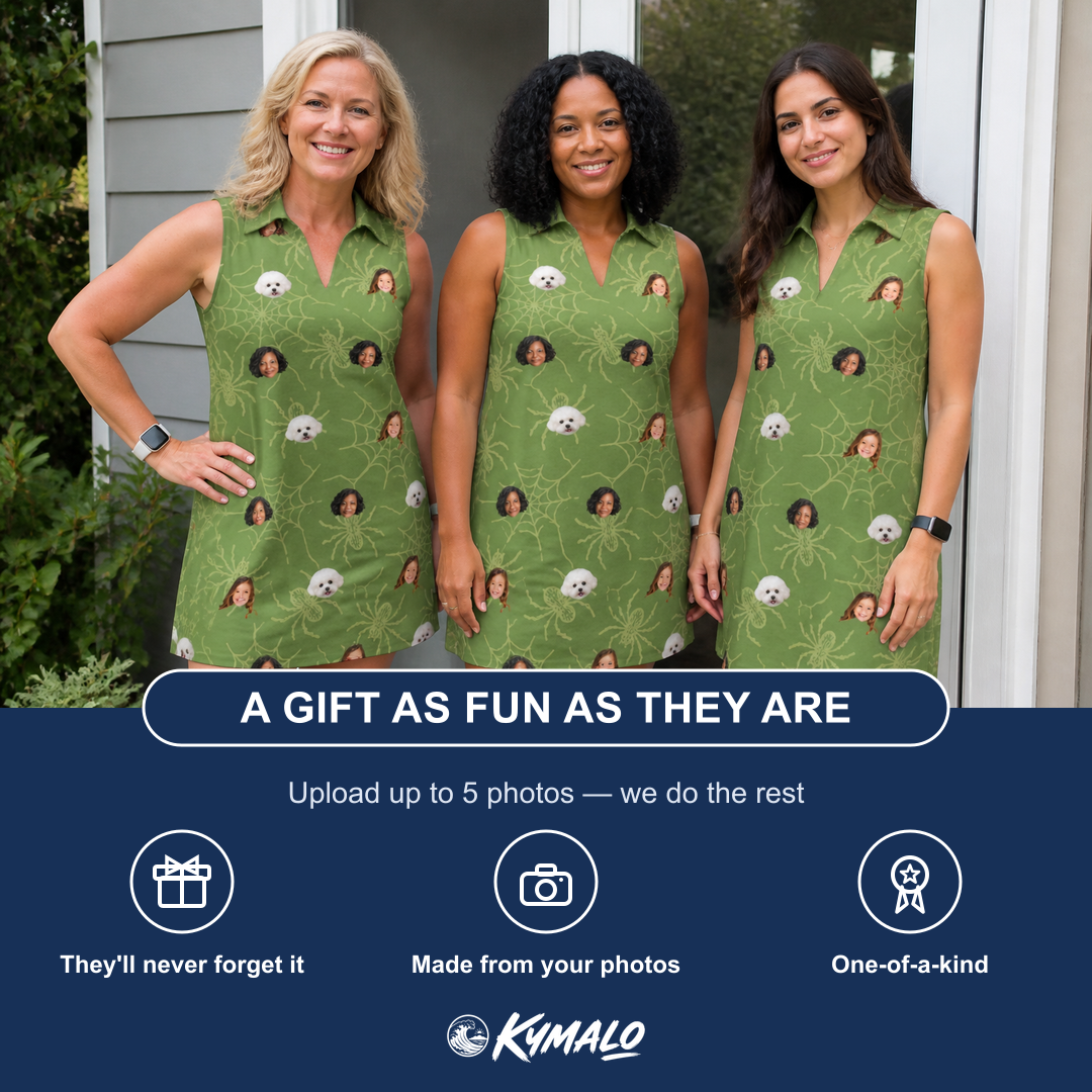 Friends in matching Women's Chitin Chicanery Custom Face V-Neck Dress — a group gift photo