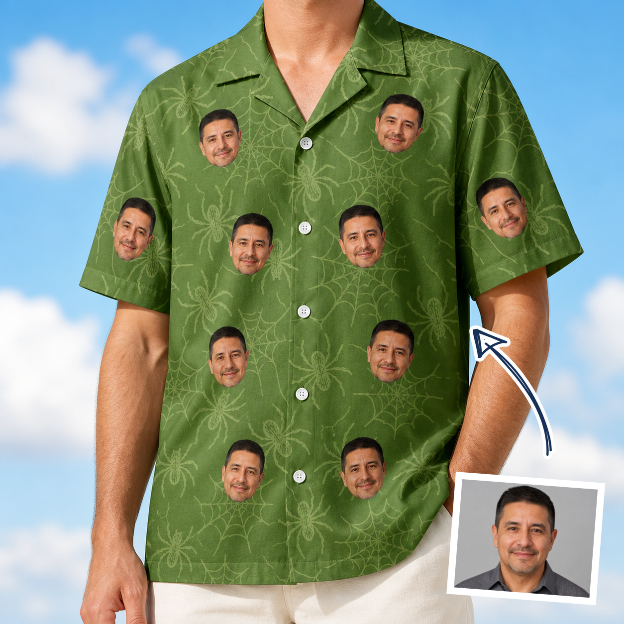 Man wearing Men's Chitin Chicanery Custom Face Hawaiian Shirt — custom faces printed all-over