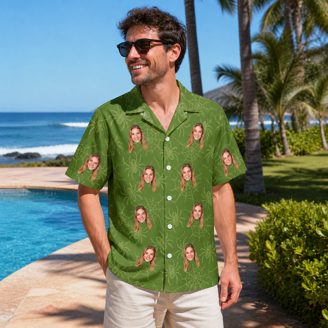 Real-life photo of someone wearing Men's Chitin Chicanery Custom Face Hawaiian Shirt — custom faces printed all-over