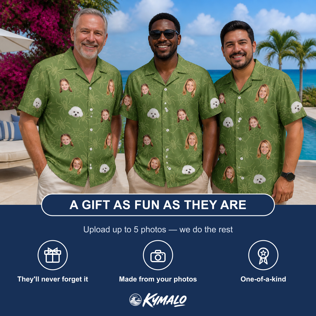 Friends in matching Men's Chitin Chicanery Custom Face Hawaiian Shirt — a group gift photo