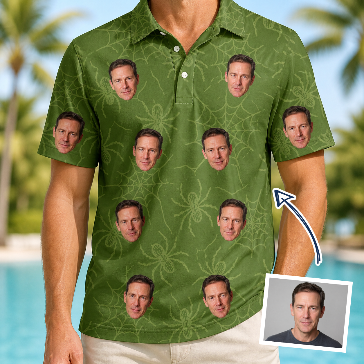 Man wearing Men's Chitin Chicanery Custom Face Polo Shirt — custom faces printed all-over