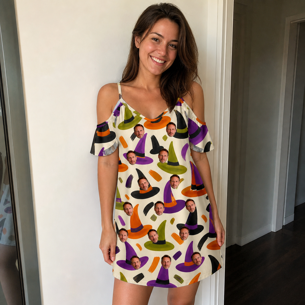 Real-life photo of someone wearing Women's Samhain Silhouettes Custom Face Off-Shoulder Dress — custom faces printed all-over