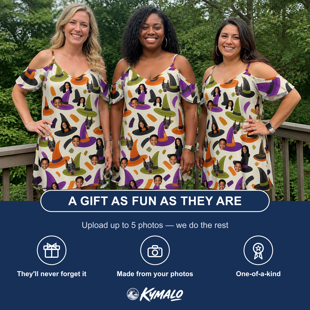 Friends in matching Women's Samhain Silhouettes Custom Face Off-Shoulder Dress — a group gift photo