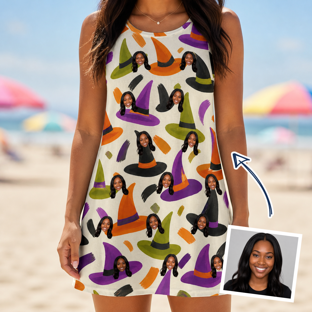 Woman wearing Women's Samhain Silhouettes Custom Face Tank Dress — custom faces printed all-over