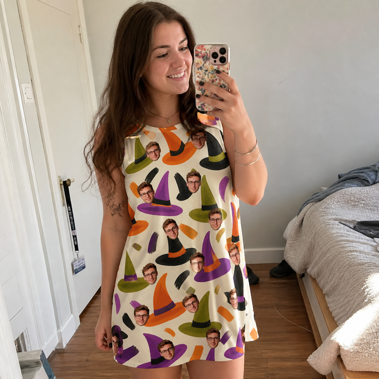 Real-life photo of someone wearing Women's Samhain Silhouettes Custom Face Tank Dress — custom faces printed all-over