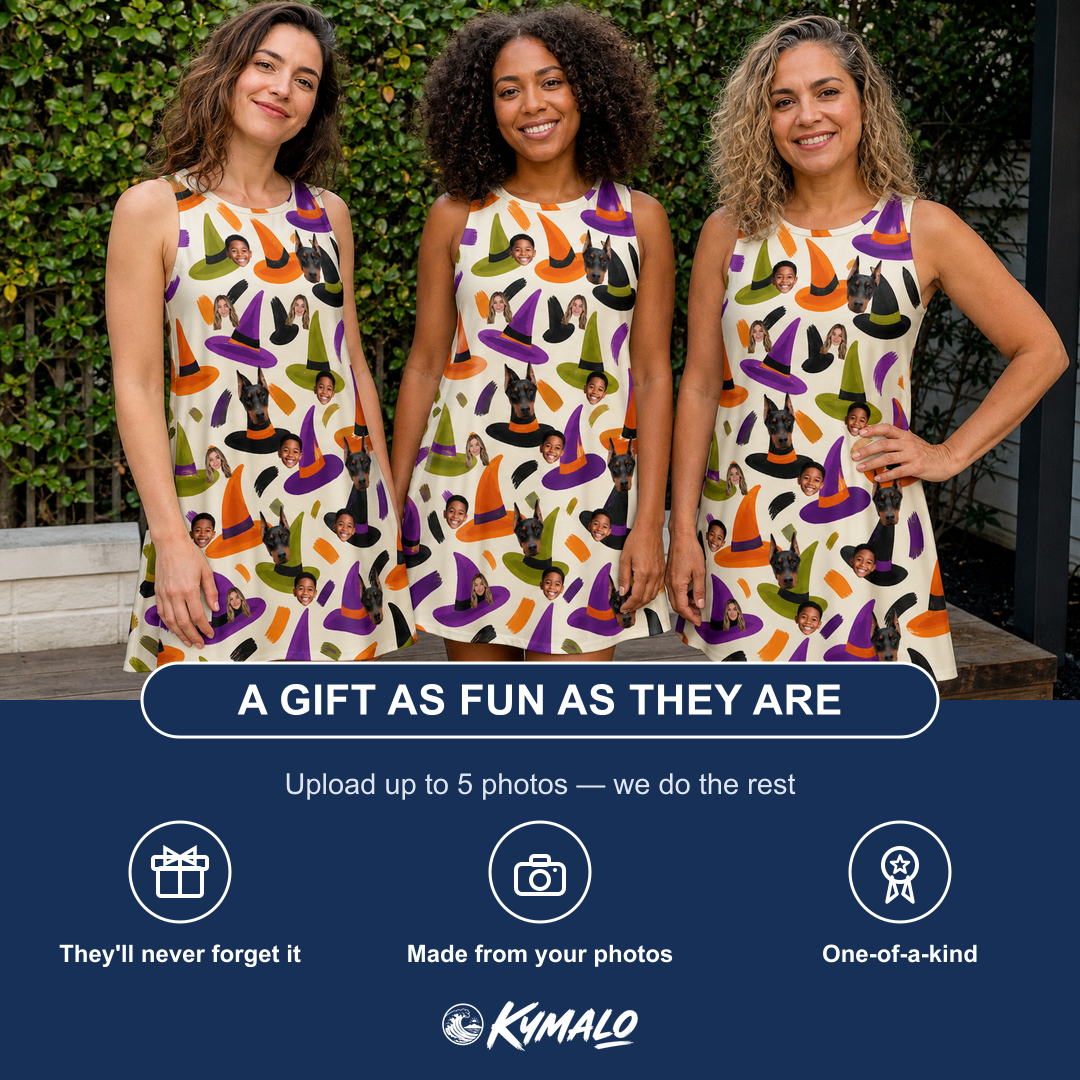 Friends in matching Women's Samhain Silhouettes Custom Face Tank Dress — a group gift photo