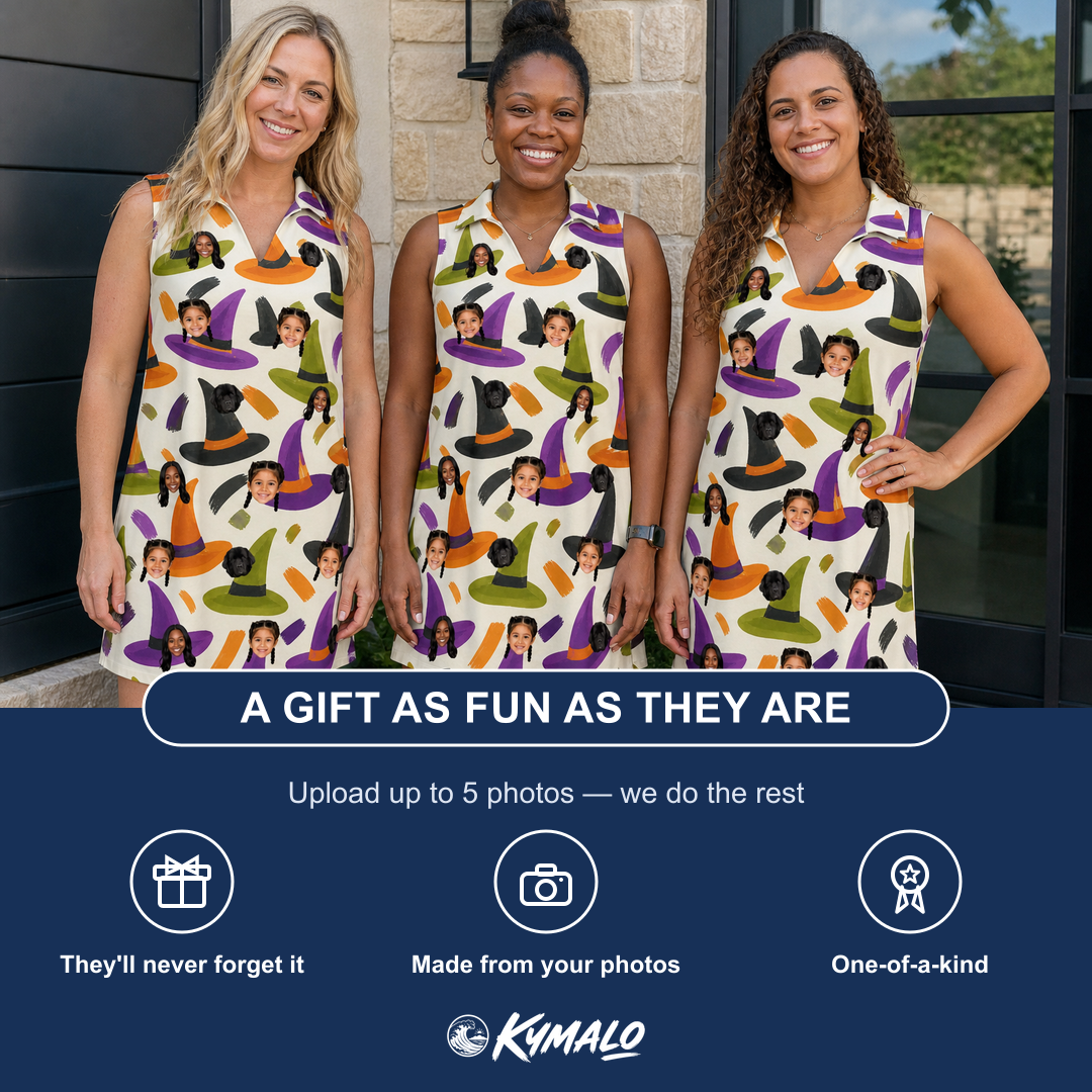 Friends in matching Women's Samhain Silhouettes Custom Face V-Neck Dress — a group gift photo