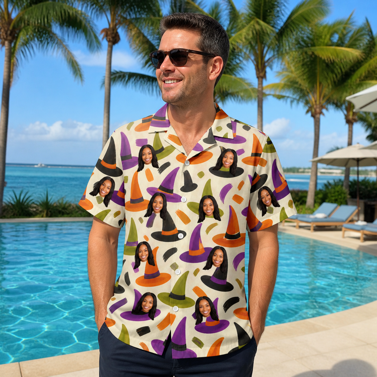 Real-life photo of someone wearing Men's Samhain Silhouettes Custom Face Hawaiian Shirt — custom faces printed all-over