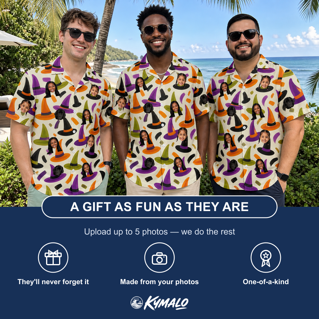 Friends in matching Men's Samhain Silhouettes Custom Face Hawaiian Shirt — a group gift photo