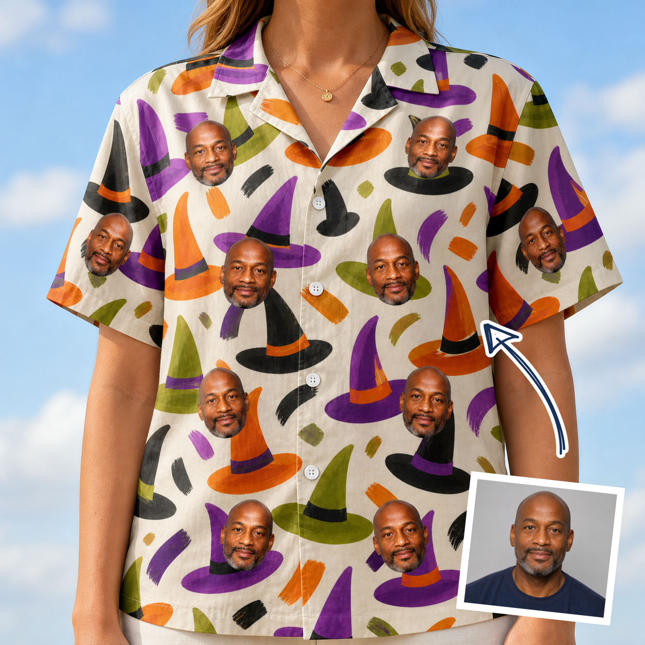 Woman wearing Women's Samhain Silhouettes Custom Face Hawaiian Shirt — custom faces printed all-over