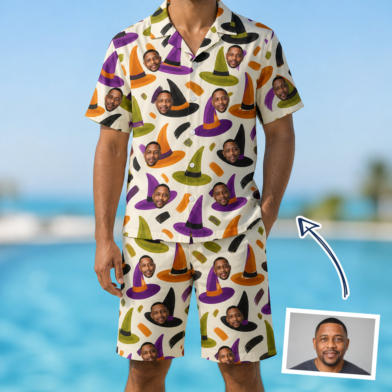 Man wearing Men's Samhain Silhouettes Custom Face Shirt & Shorts Set — custom faces printed all-over