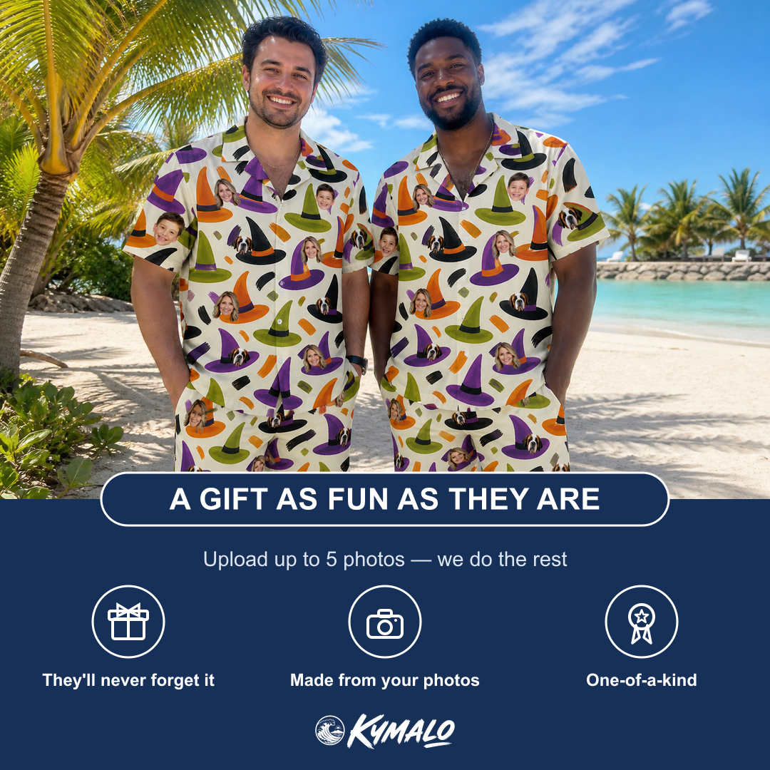 Friends in matching Men's Samhain Silhouettes Custom Face Shirt & Shorts Set — a group gift photo
