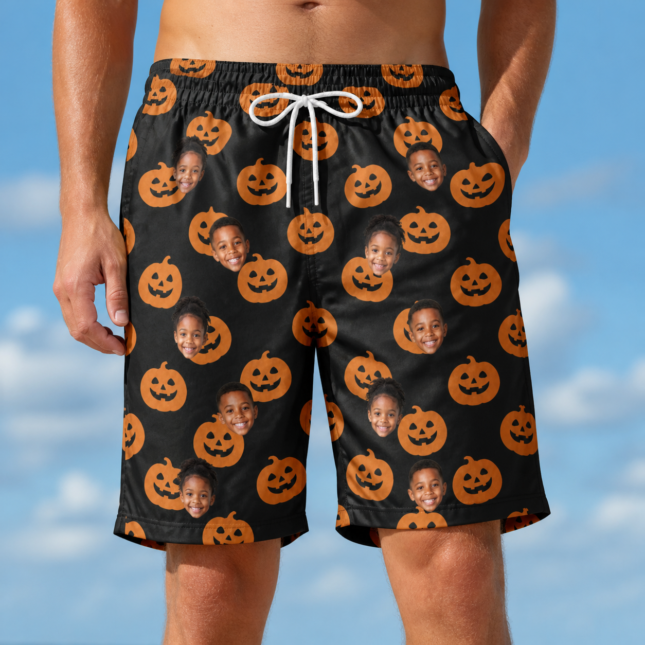 Model wearing Men's Frightlight Fancies Custom Face Beach Shorts printed with kids' faces