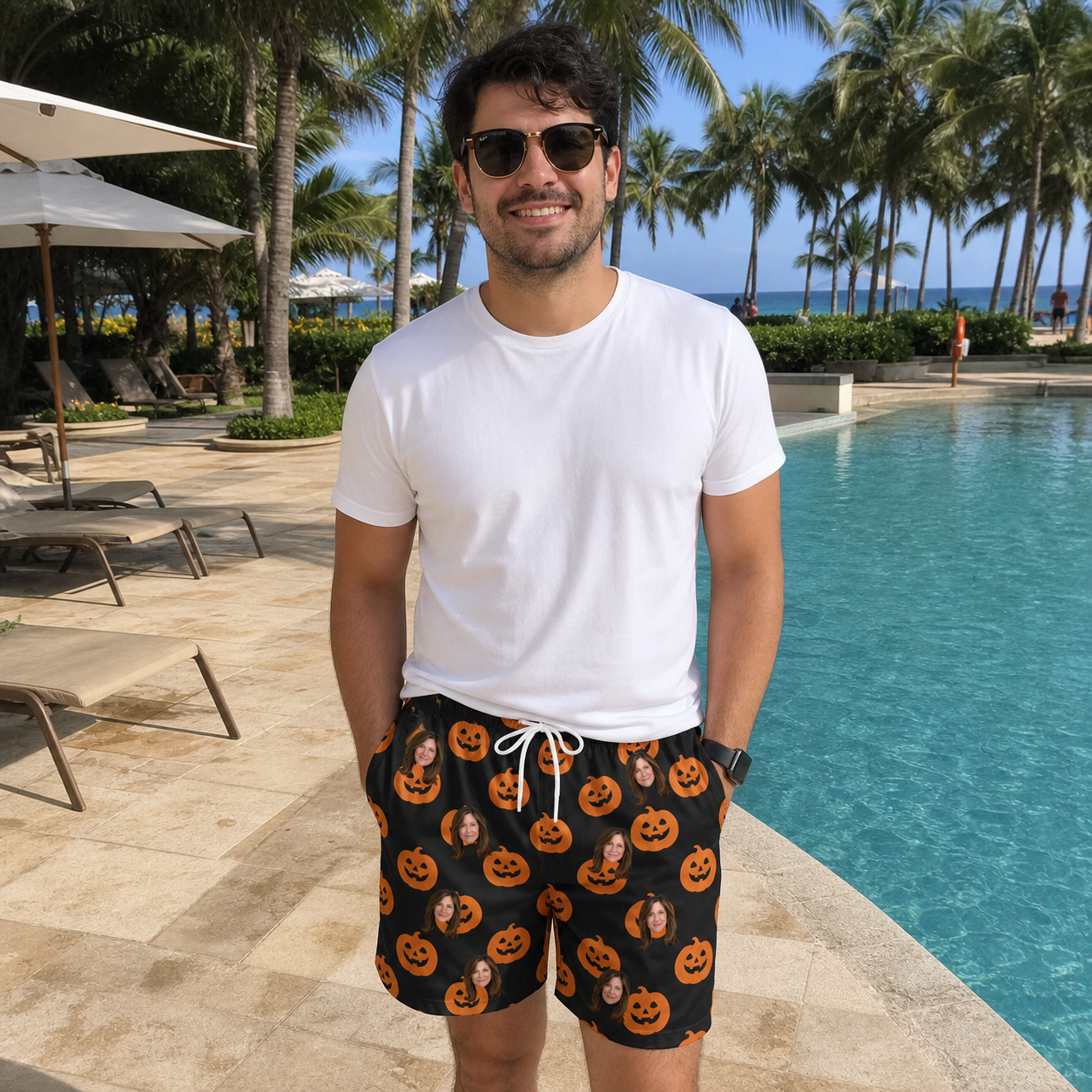 Real-life photo of someone wearing Men's Frightlight Fancies Custom Face Beach Shorts — custom faces printed all-over