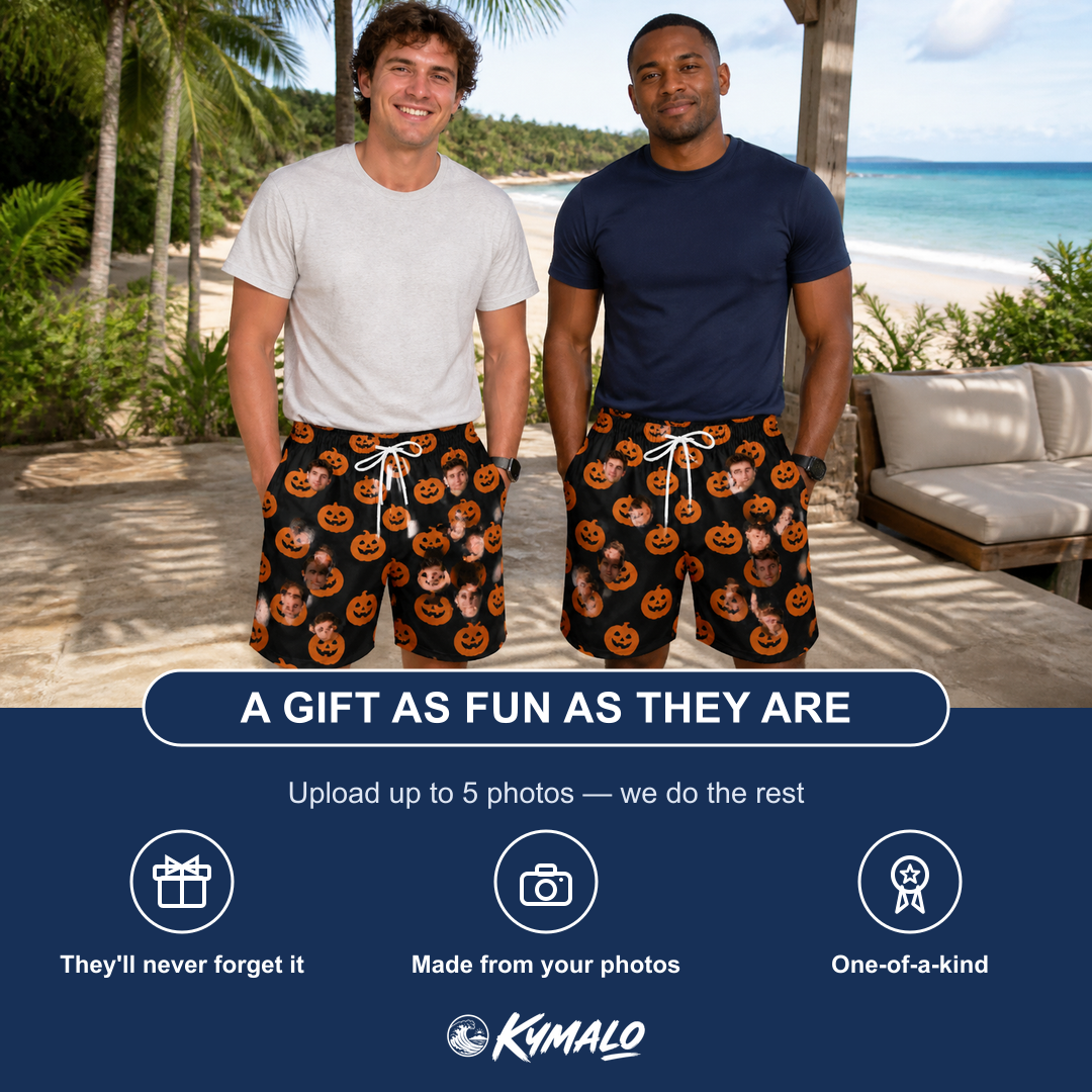 Friends in matching Men's Frightlight Fancies Custom Face Beach Shorts — a group gift photo