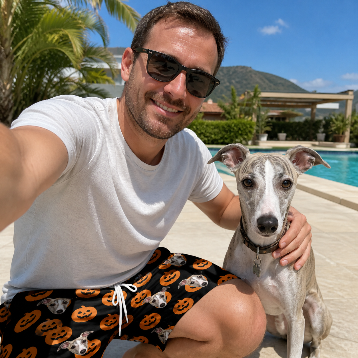 Selfie with the pet whose face is printed all over this Men's Frightlight Fancies Custom Dog Face Beach Shorts