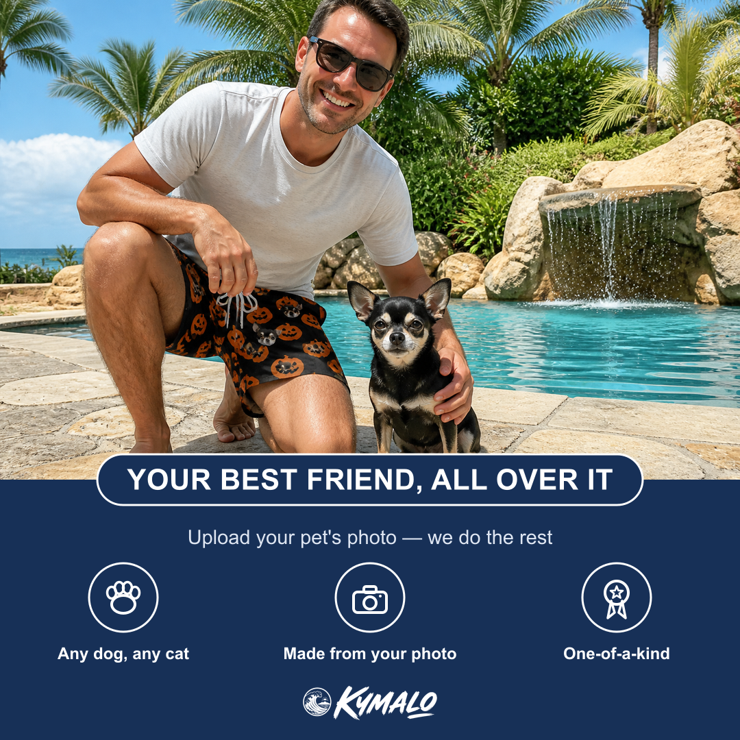 Friends in matching Men's Frightlight Fancies Custom Dog Face Beach Shorts — a group gift photo