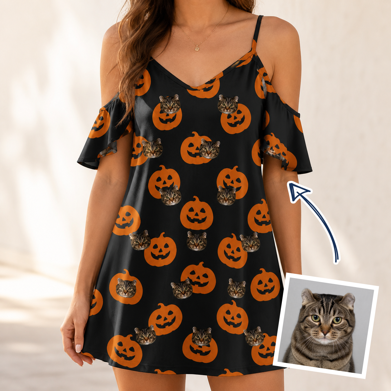 Woman wearing Women's Frightlight Fancies Custom Cat Face Off-Shoulder Dress — custom faces printed all-over