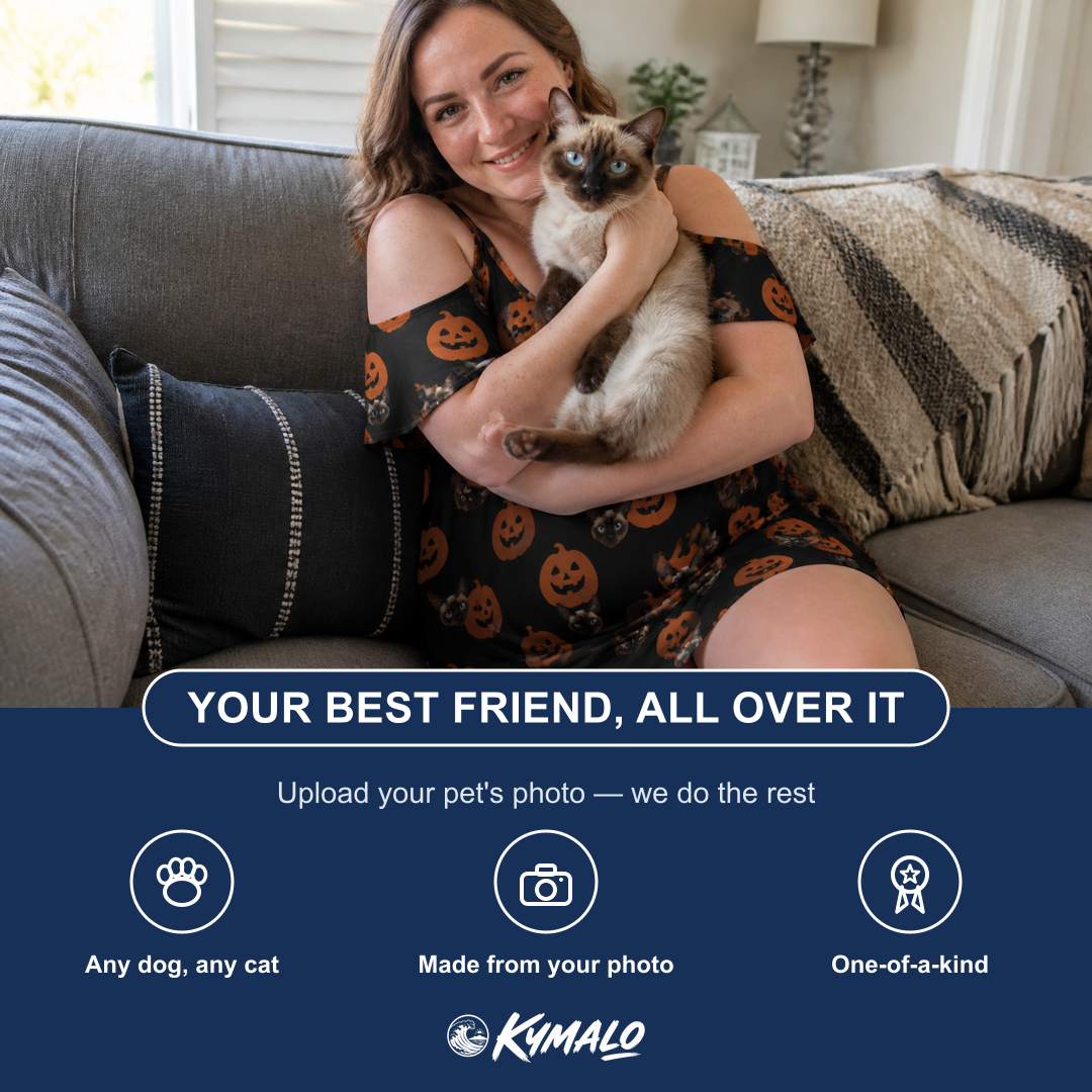 Friends in matching Women's Frightlight Fancies Custom Cat Face Off-Shoulder Dress — a group gift photo