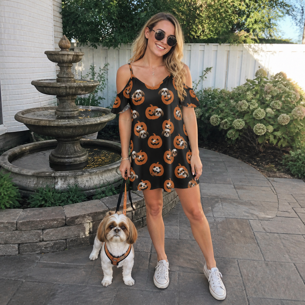 Full-length photo with the pet printed all over this Women's Frightlight Fancies Custom Dog Face Off-Shoulder Dress