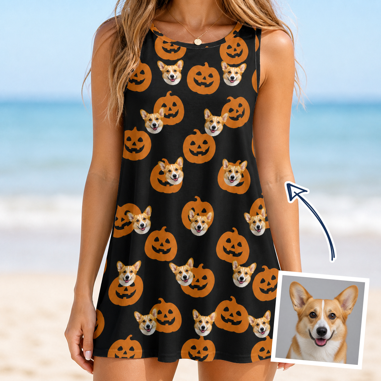 Woman wearing Women's Frightlight Fancies Custom Dog Face Tank Dress — custom faces printed all-over