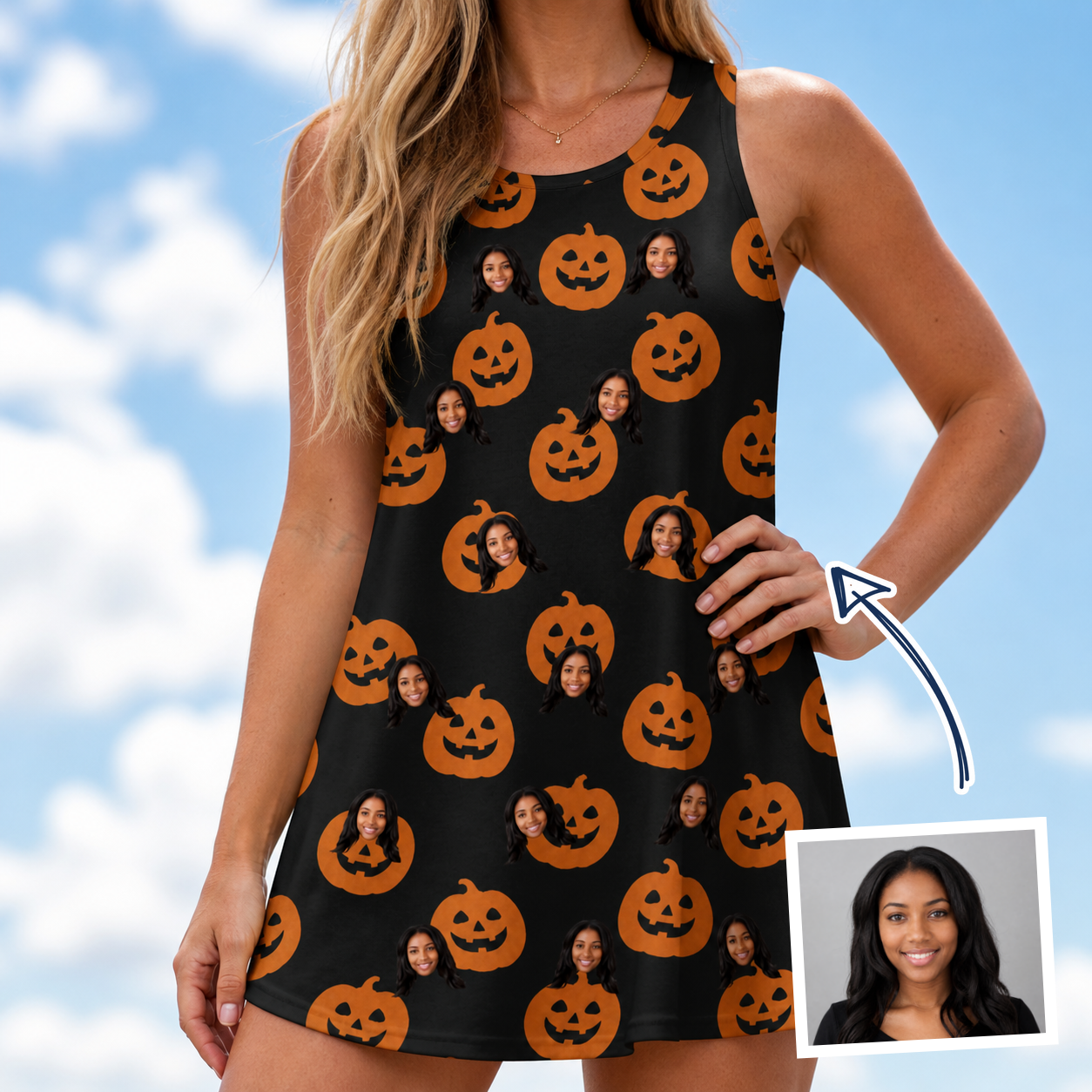 Woman wearing Women's Frightlight Fancies Custom Face Tank Dress — custom faces printed all-over