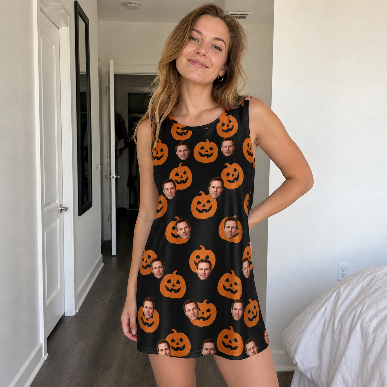 Real-life photo of someone wearing Women's Frightlight Fancies Custom Face Tank Dress — custom faces printed all-over