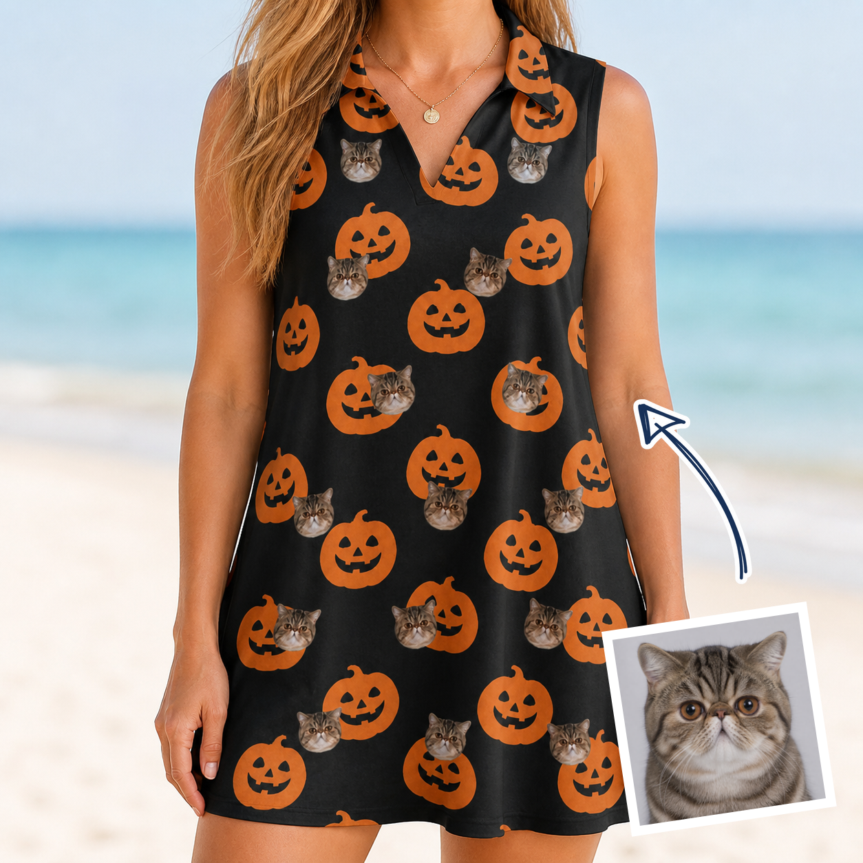 Woman wearing Women's Frightlight Fancies Custom Cat Face V-Neck Dress — custom faces printed all-over
