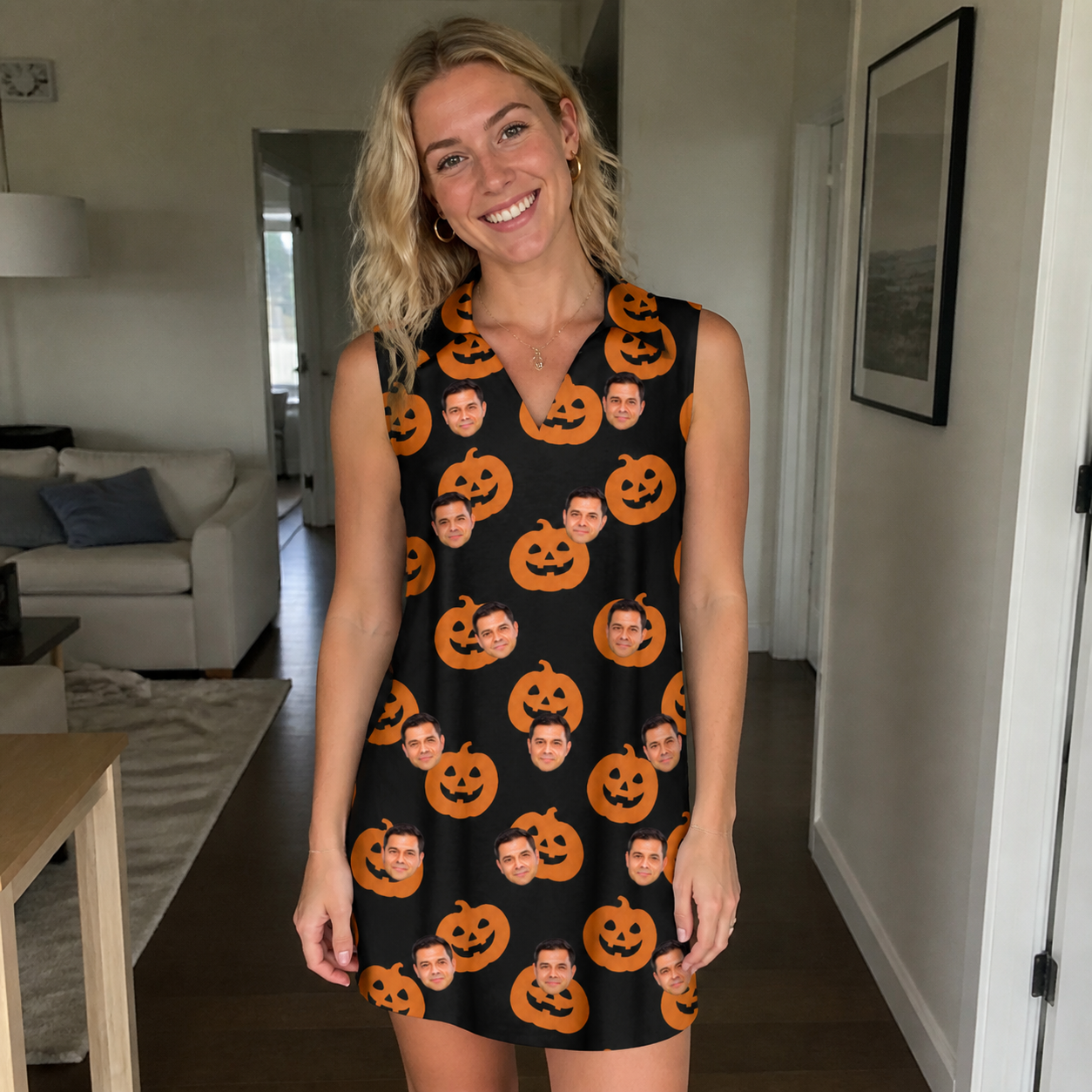 Real-life photo of someone wearing Women's Frightlight Fancies Custom Face V-Neck Dress — custom faces printed all-over