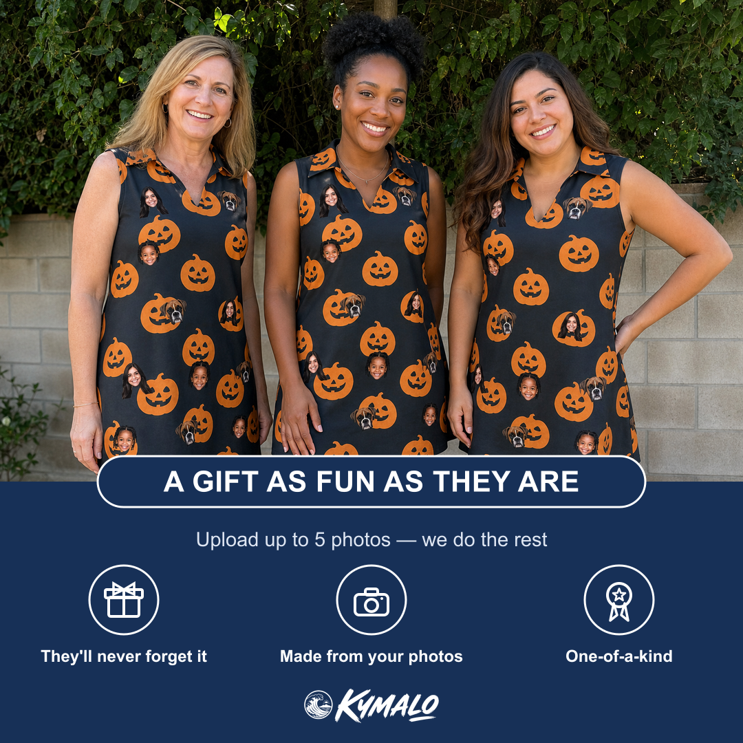 Friends in matching Women's Frightlight Fancies Custom Face V-Neck Dress — a group gift photo
