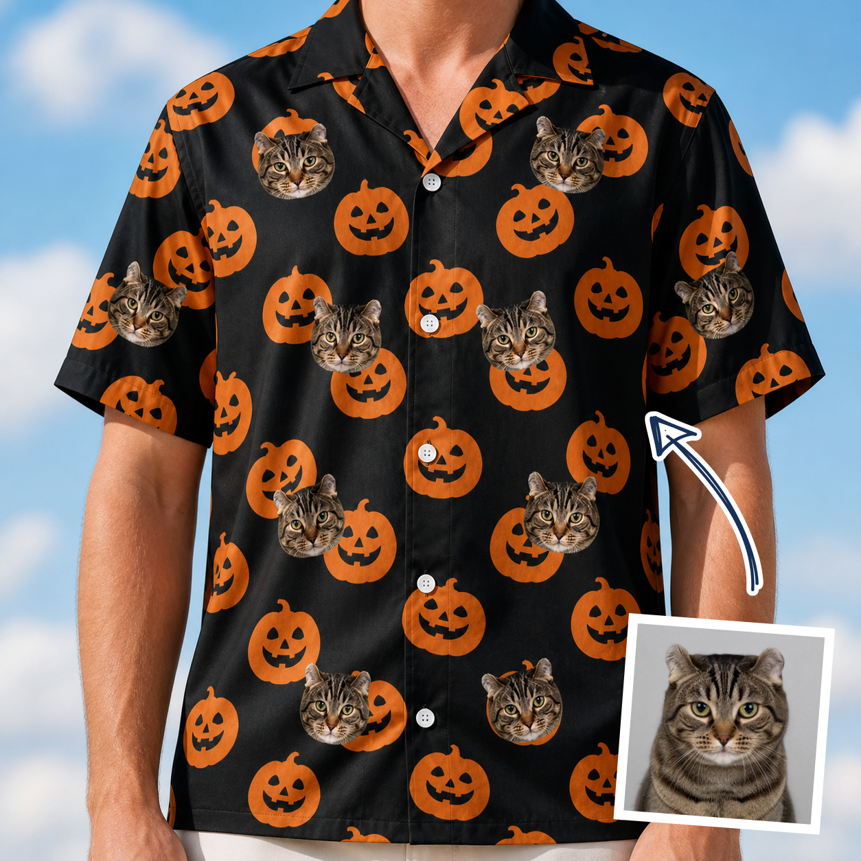 Man wearing Men's Frightlight Fancies Custom Cat Face Hawaiian Shirt — custom faces printed all-over